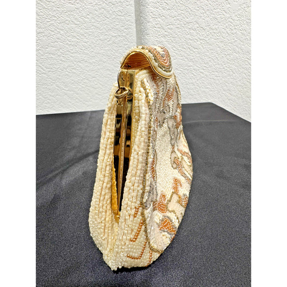 Vintage Art Deco Glass Beaded Purse Evening Clutch 1950s Delill Gold Frame Cream - Picture 3 of 12